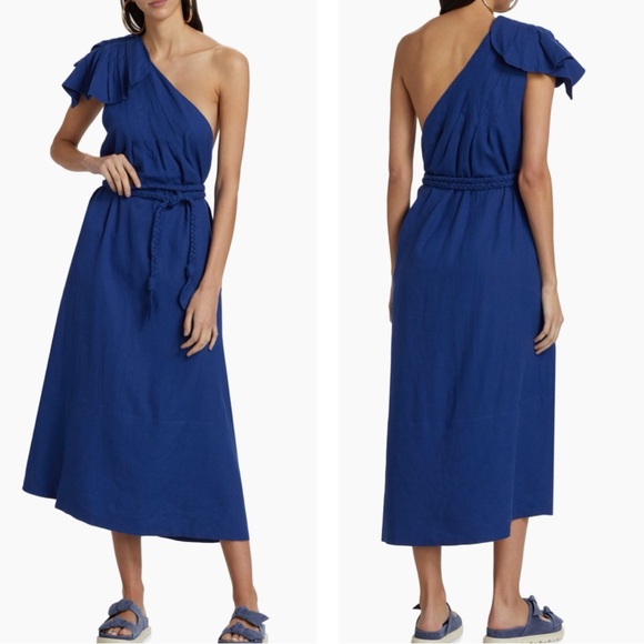 Farm Rio One Shoulder Blue Leaf Maxi Dress Small New with Tag - Picture 1 of 16